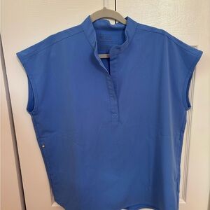 Figs Blue Boxy Blouse with Mandarin Collar